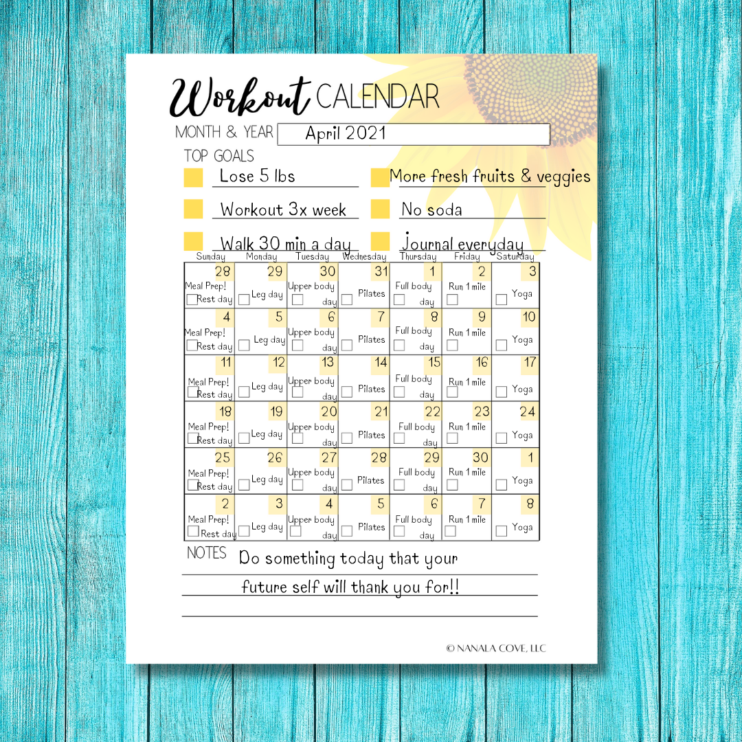 Workout Planner & Calendar Journal (Sunflower Themed)