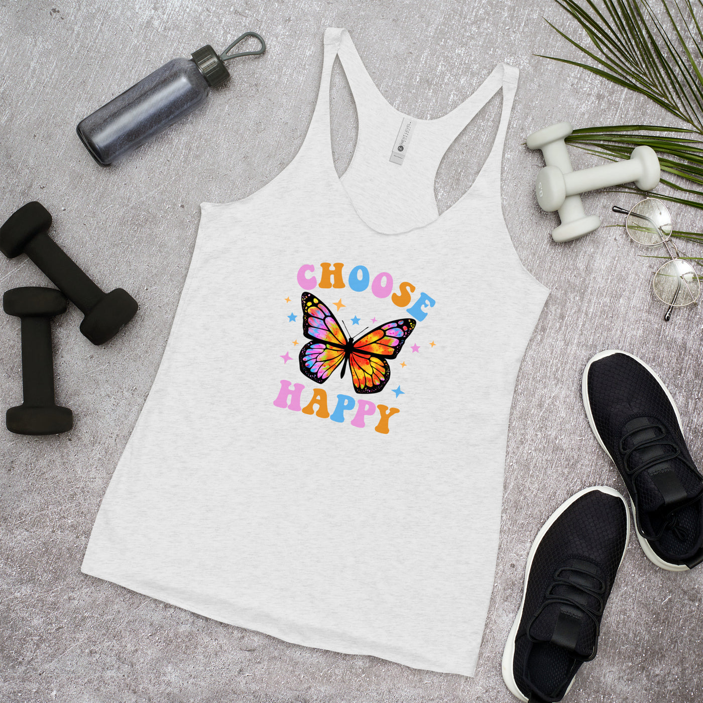 "Choose Happy" Rainbow Tie Dye Butterfly Women's Racerback Tank