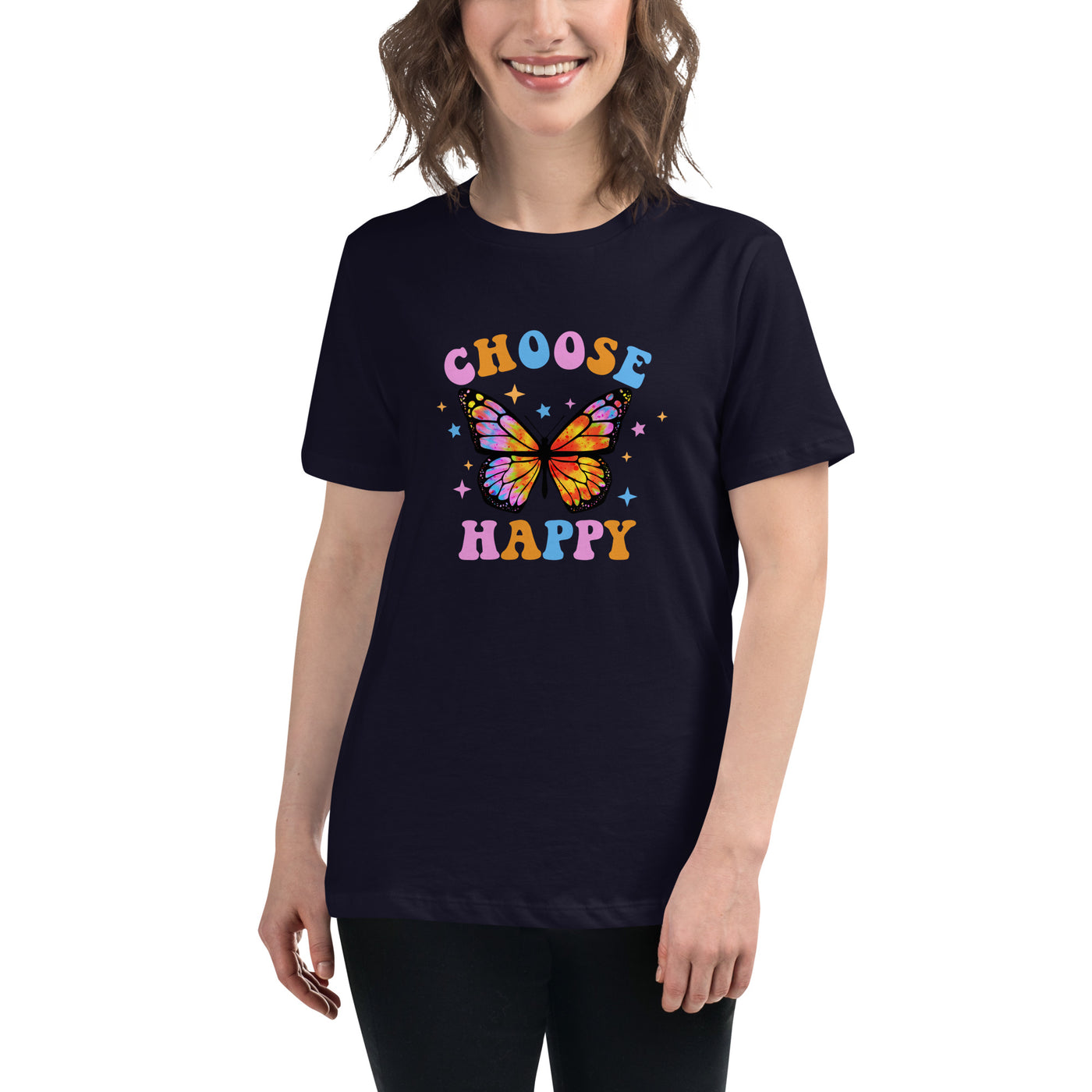 "Choose Happy" Tie Dye Butterfly Women's Relaxed T-Shirt